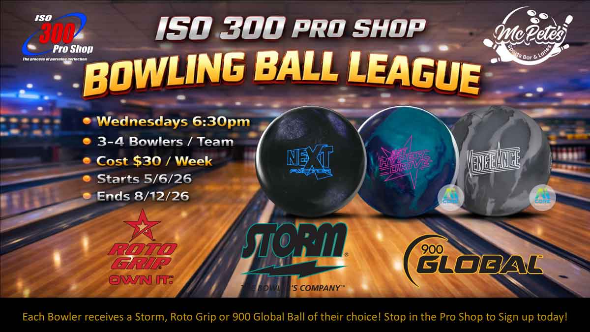 Bowling Leagues in Big Lake poster with dates, times, costs, balls, and sponsor logos.