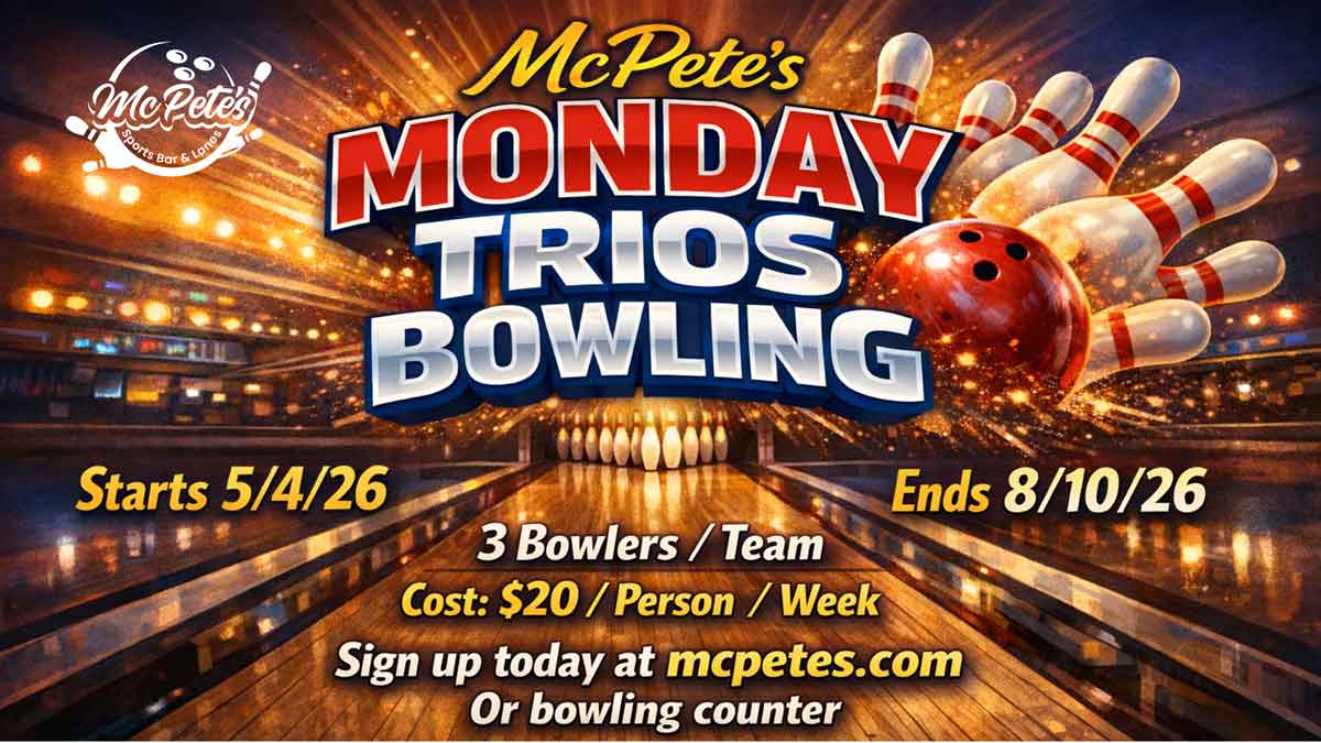 Bowling alley with pins, ball, and text promoting Bowling Leagues in Big Lake on Mondays.