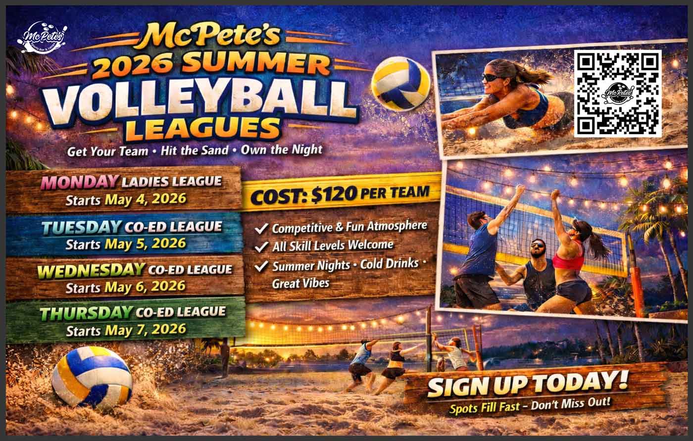 Colorful flyer for McPete’s 2026 Volleyball Leagues & Tournaments, featuring action photos.