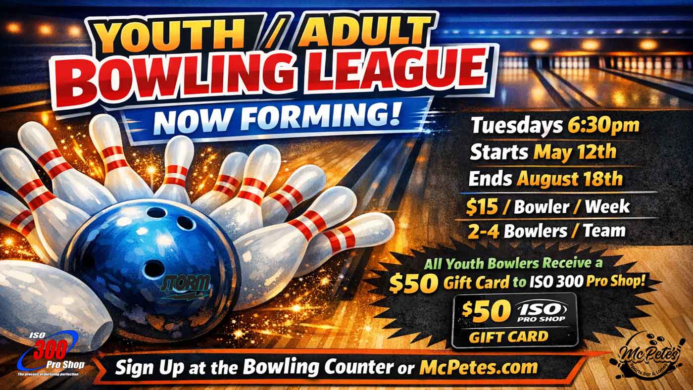 Colorful ad for Bowling Leagues in Big Lake with pins, ball, times, prices, and gift card info.