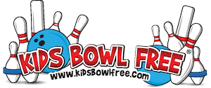 Logo with bowling pins, two blue balls, and text: Kids Bowl Free—Bowling in Big Lake Minnesota.