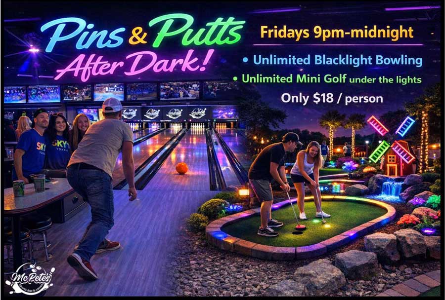 People bowling and playing Mini Golf in Big Lake under neon lights at a vibrant nighttime venue.