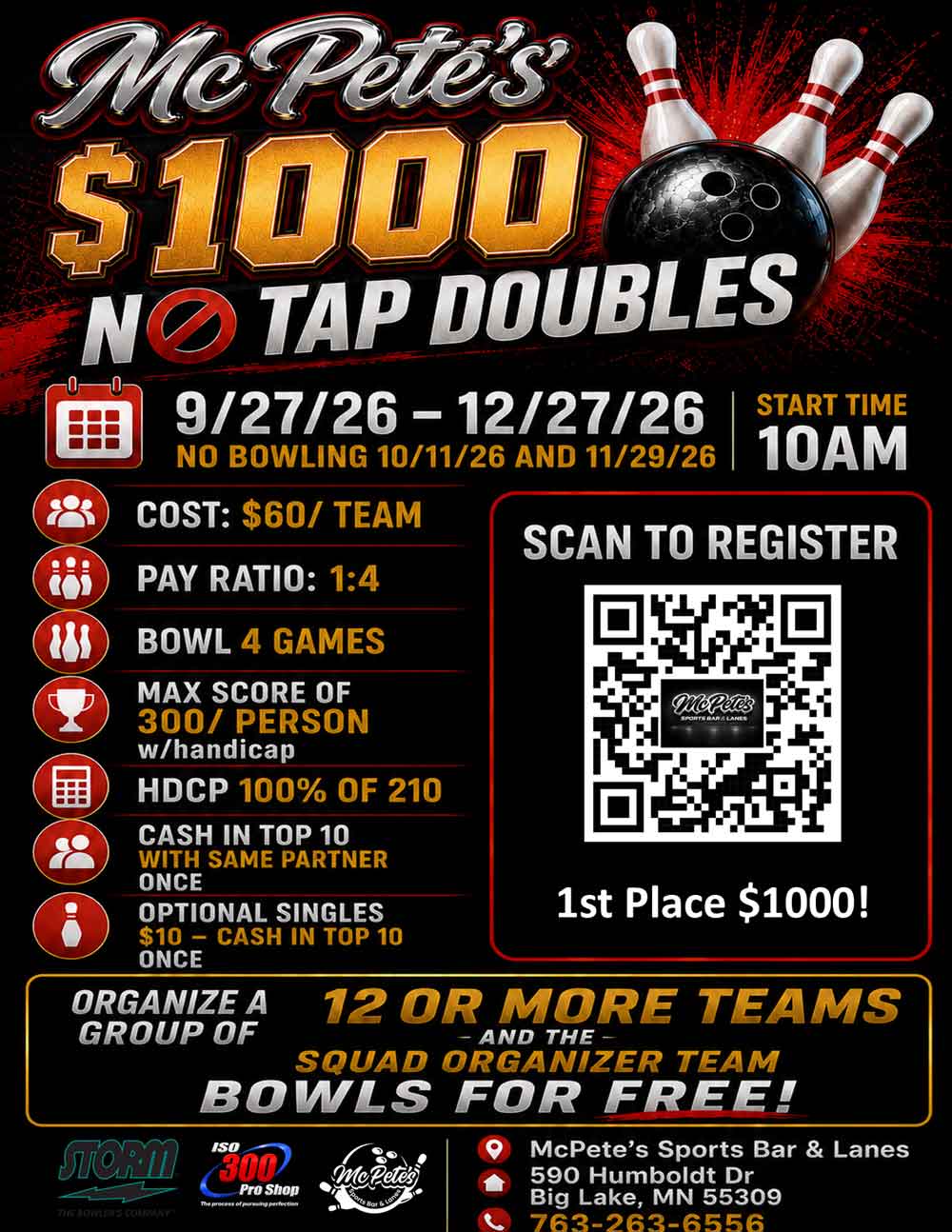 $1000 no-tap doubles event flyer for Bowling Tournaments in Big Lake—dates, fee, and rules inside!.