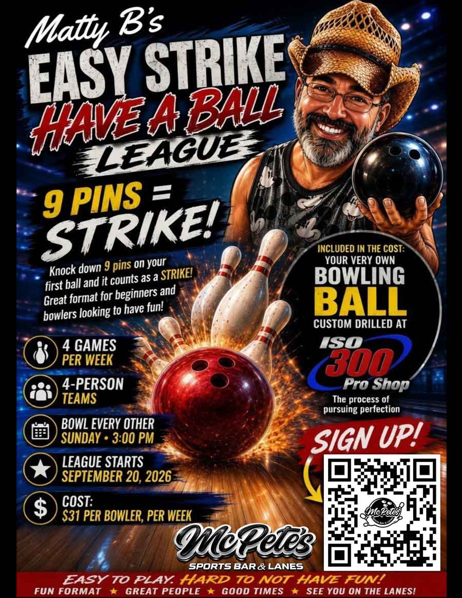 Smiling man in a cap holds a red bowling ball; bold text promotes Bowling Leagues in Big Lake.