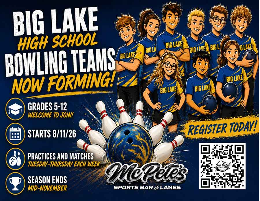 Eight teens in bowling shirts pose, promoting Bowling Leagues in Big Lake with pins and balls.