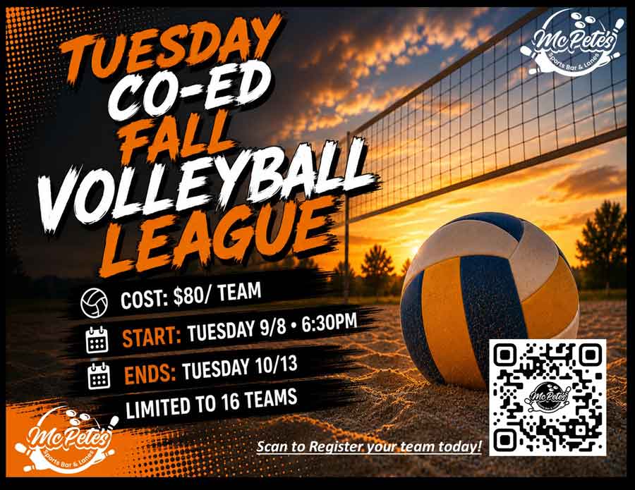 Join our Tuesday Co-Ed Fall Volleyball Leagues & Tournaments! 16 teams max, $80/team.
