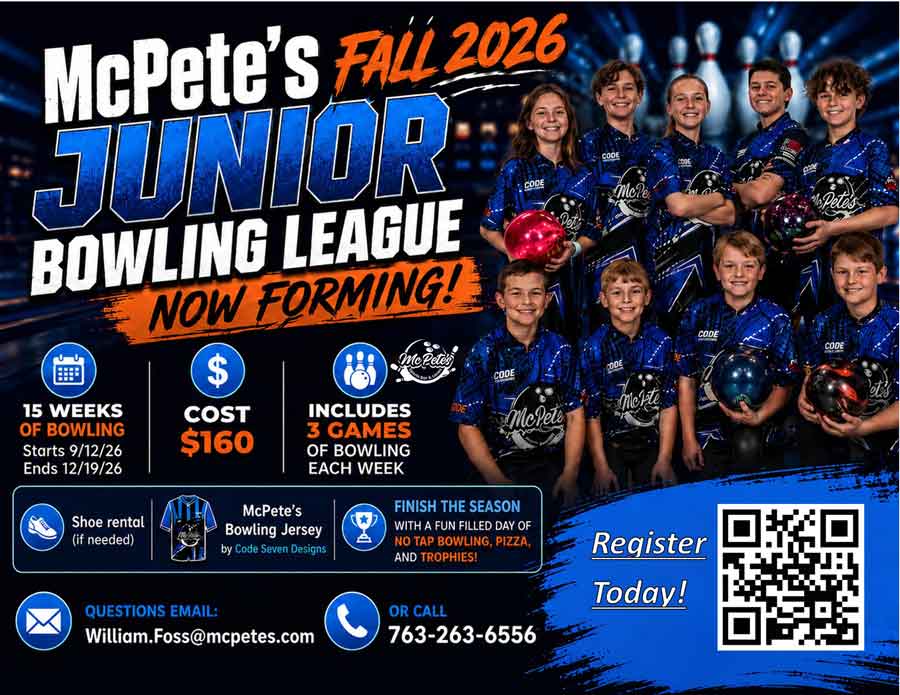 Eight junior bowlers in blue jerseys pose for Bowling Leagues in Big Lake’s 2026 fall flyer.