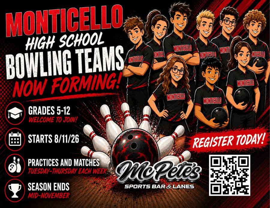 Group of teens in bowling shirts; info on Monticello teams and Bowling Leagues in Big Lake.